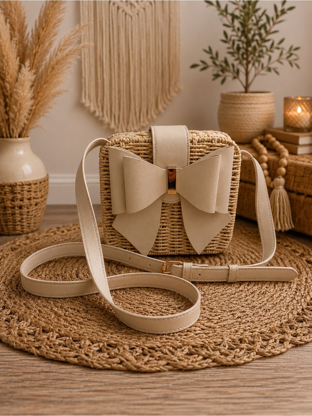 Neutral Bow Woven Crossbody Bag with Adjustable Strap SOLD!!!!